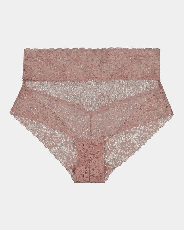 Model wears Lace Full Brief in MOCHA. On body front view