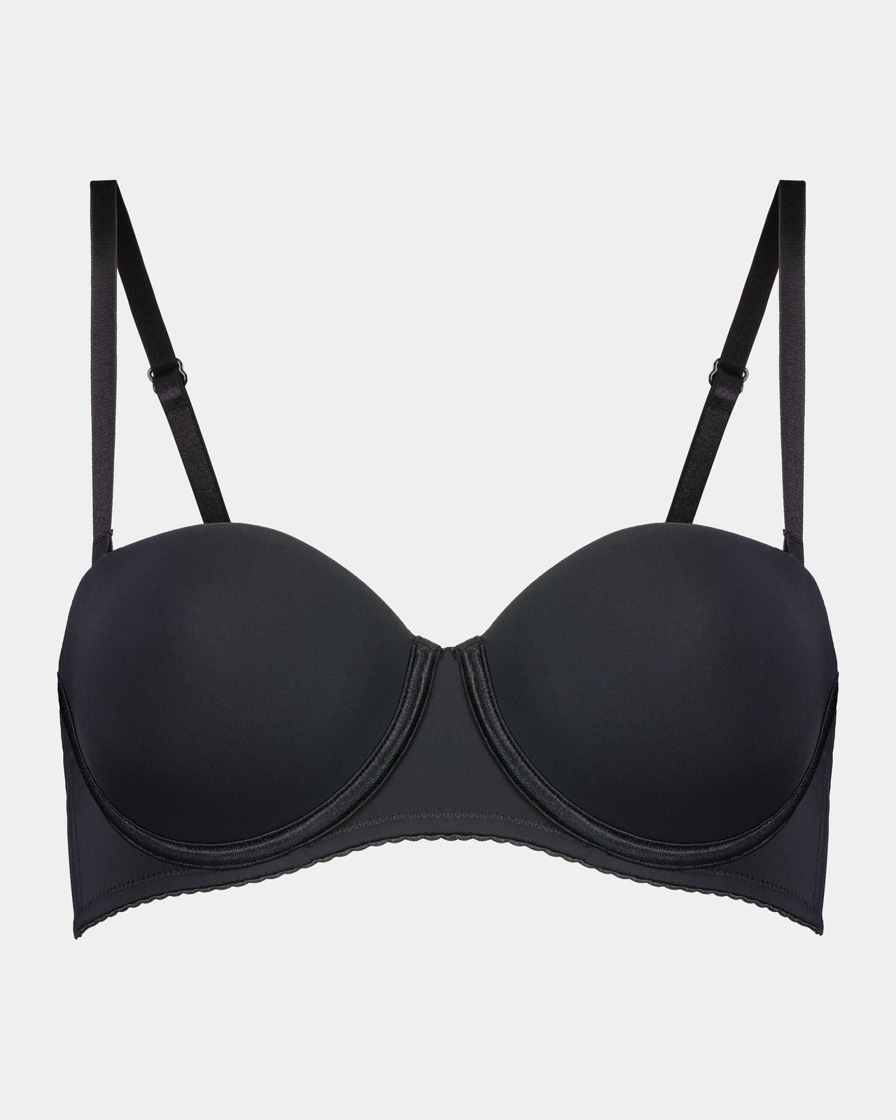 Body Basics Strapless Bra in BLACK. Flat lay front view