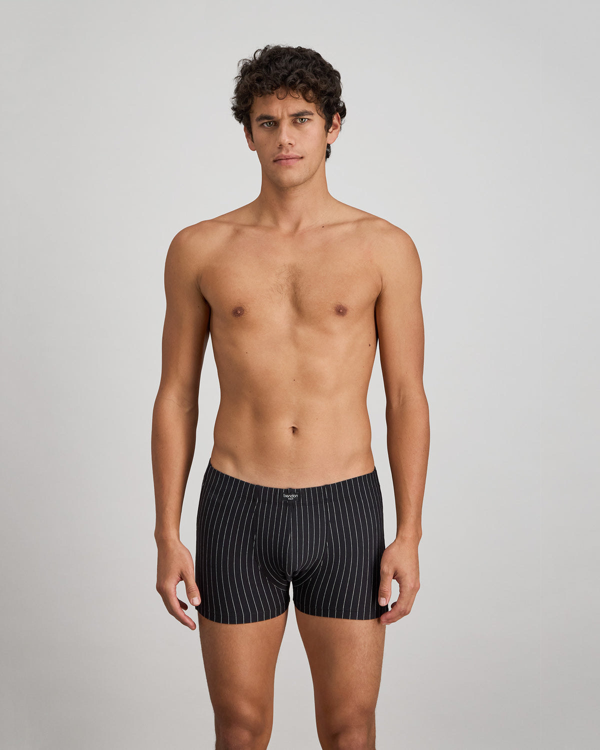 Cotton Stretch Mens Trunk in BLACK PINSTRIPE. Feature shot