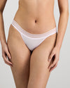 Model wears Stripe Elastic & Papertouch Tanga in FESTIVAL BLOOM. On body front view