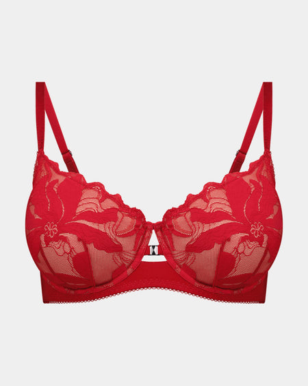 Margot Estelle Underwire Bra in JESTER RED. Flat lay front view