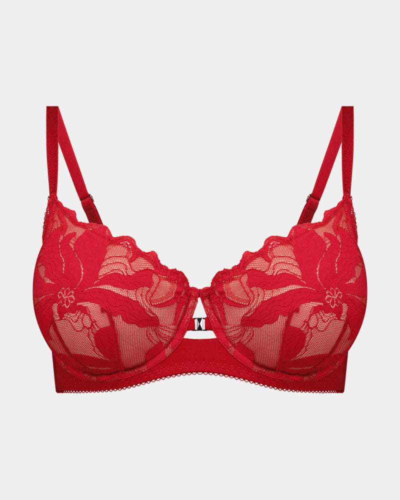 Margot Estelle Underwire Bra in JESTER RED. Flat lay front view