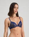 Model wears My Fit Lace Push Up Bra in Medieval Blue. On body side view