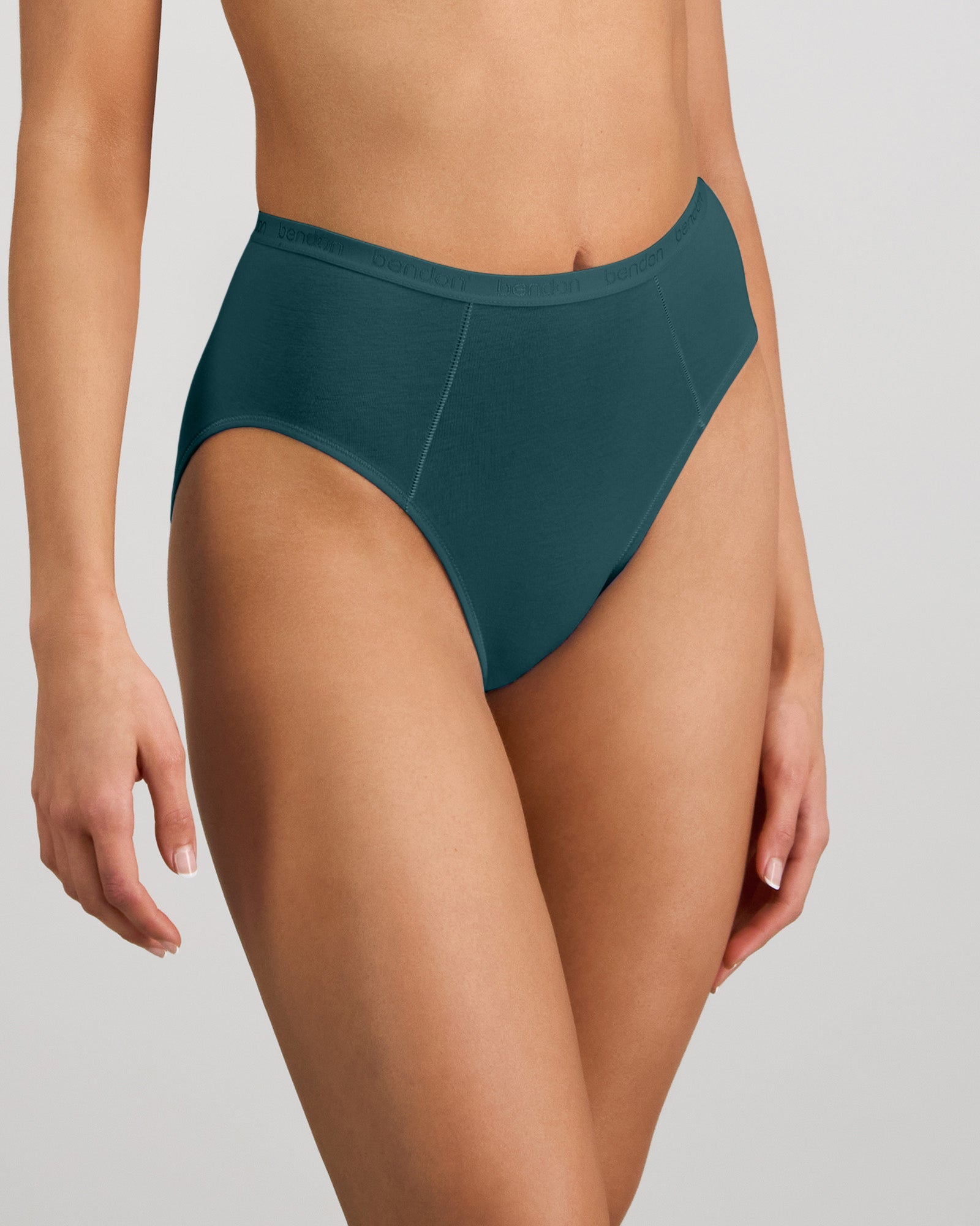 Model wears Body Cotton High Cut Brief in MEDITERRANEA. On body side view