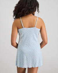 Model wears Smoothie Chemise in SKYWAY. On body back view