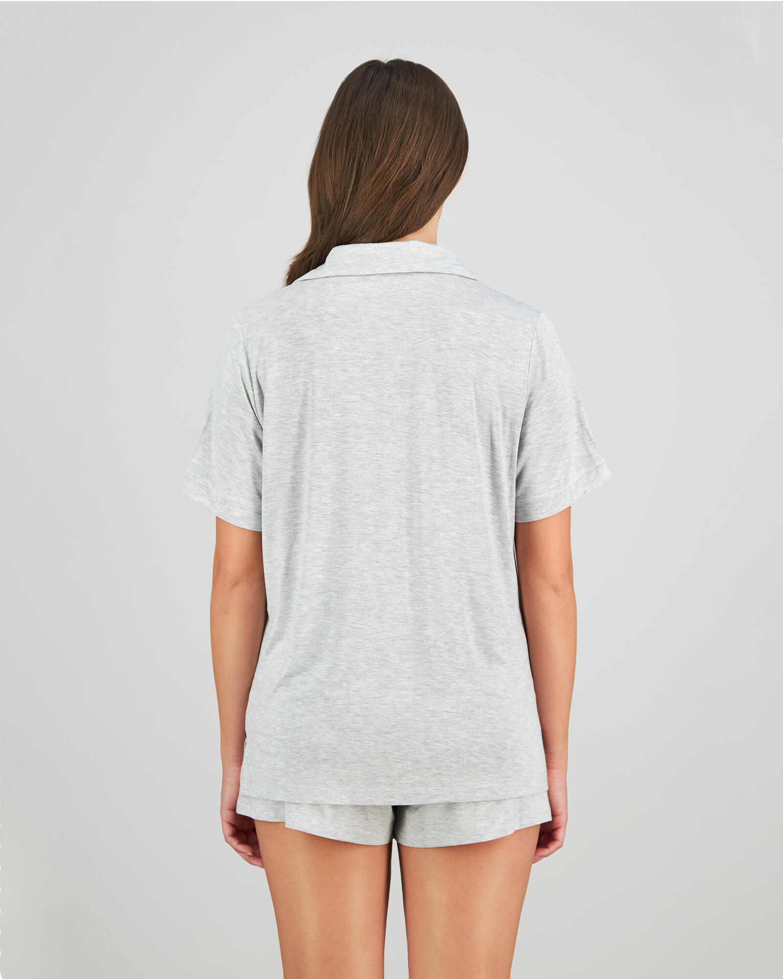 Model wears Belle Bamboo Short PJ in LIGHT GREY MARLE. On body back view