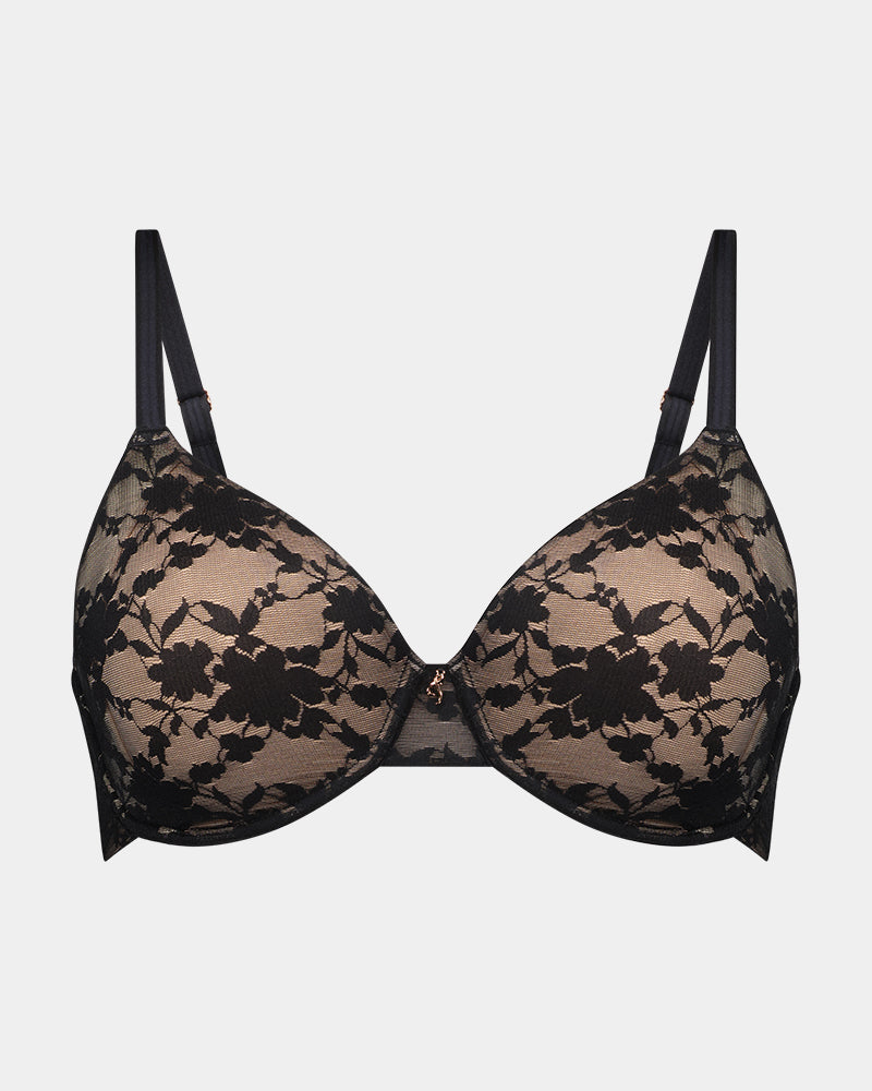 Lace Sculpt Underwire Bra in BLACK. Flat lay front view