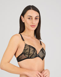 Model wears Scarlet Lover Push Up Bra in BLACK. On body side view