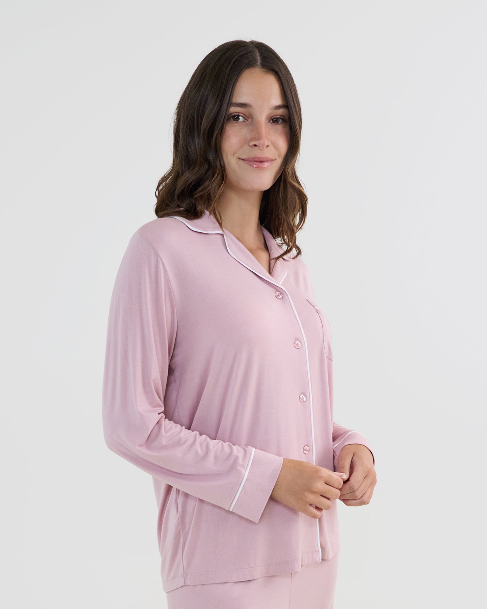 Model wears Bamboo Bliss Long Sleeve PJ Top in PALE MAUVE. On body side view