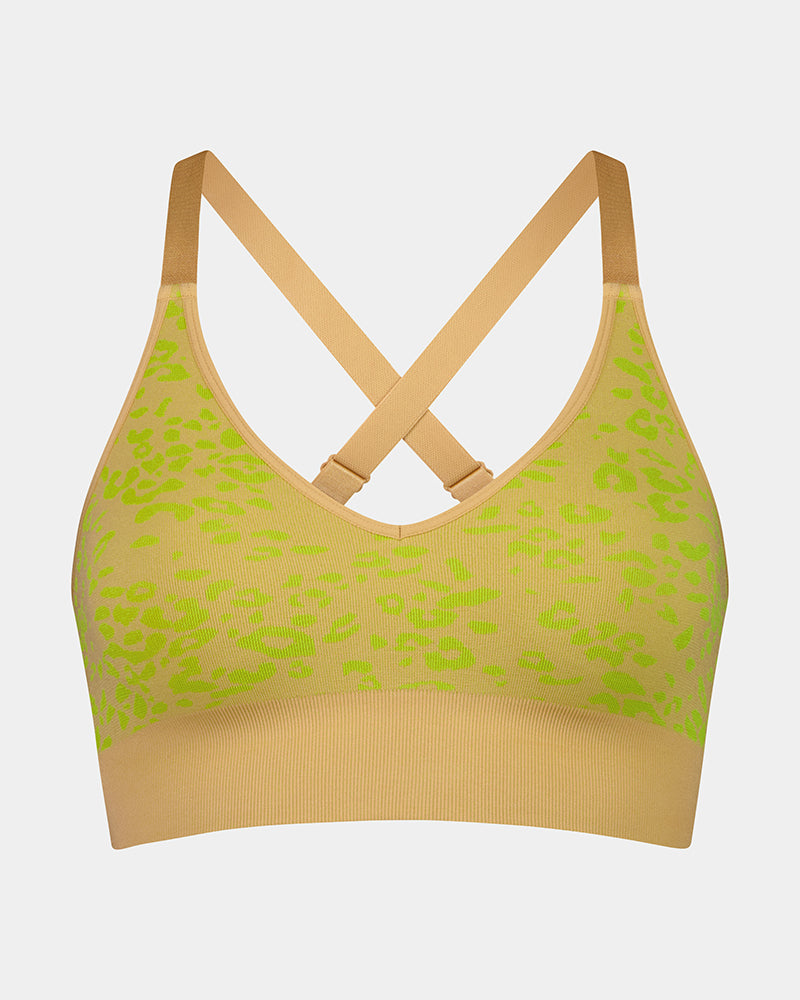 Inspiration Crop Top in LIME PUNCH LEOPARD PRINT. Flat lay front view