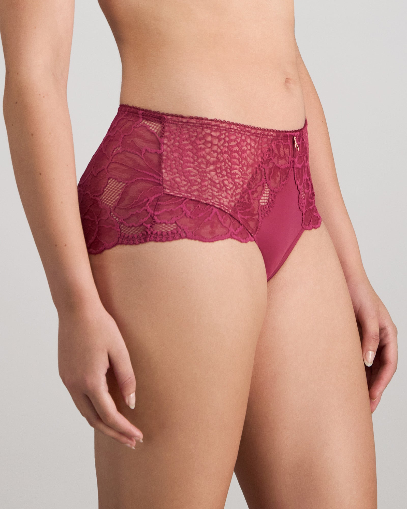 Model wears Midnight Express Full Brief in BEAUJOLAIS. On body side view