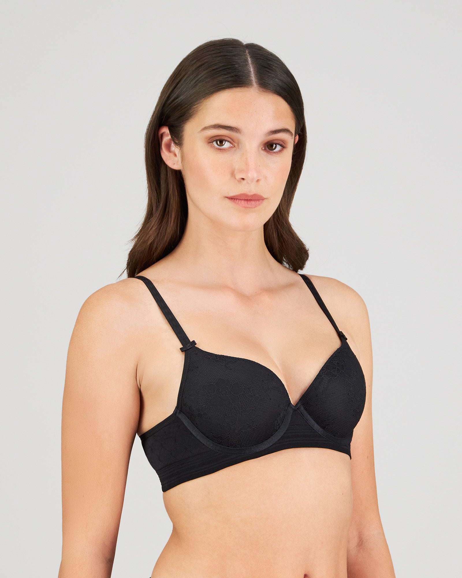 Model wears Bendon Body Lace Contour Bra in BLACK. On body side view