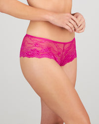 Model wears My Fit Lace Brazilian in FANTASY FUCHSIA. On body side view
