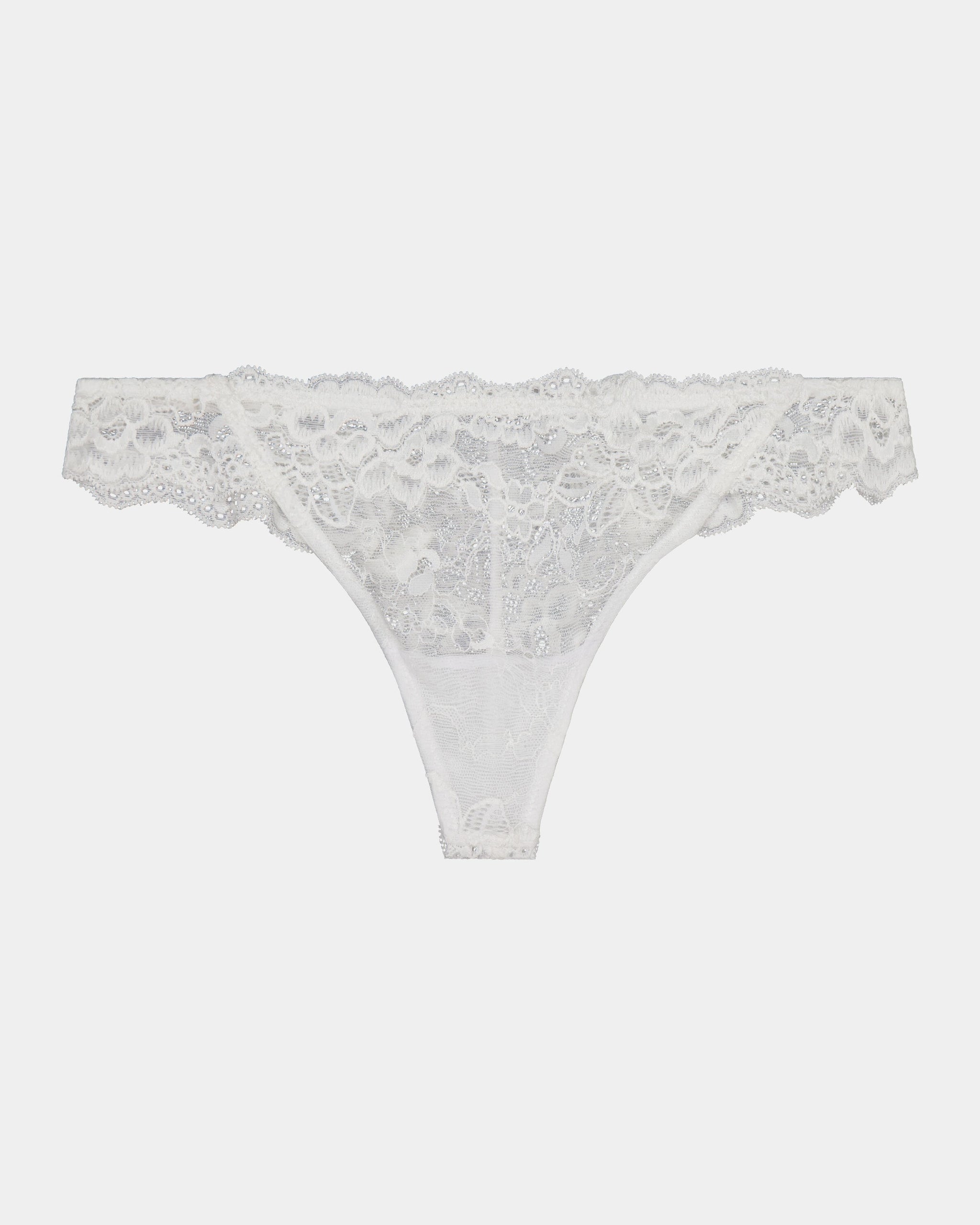 My Fit Lace Thong in WHITE. Flat lay front view