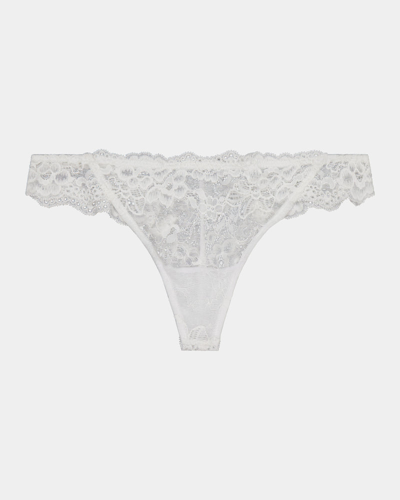 My Fit Lace Thong in WHITE. Flat lay front view
