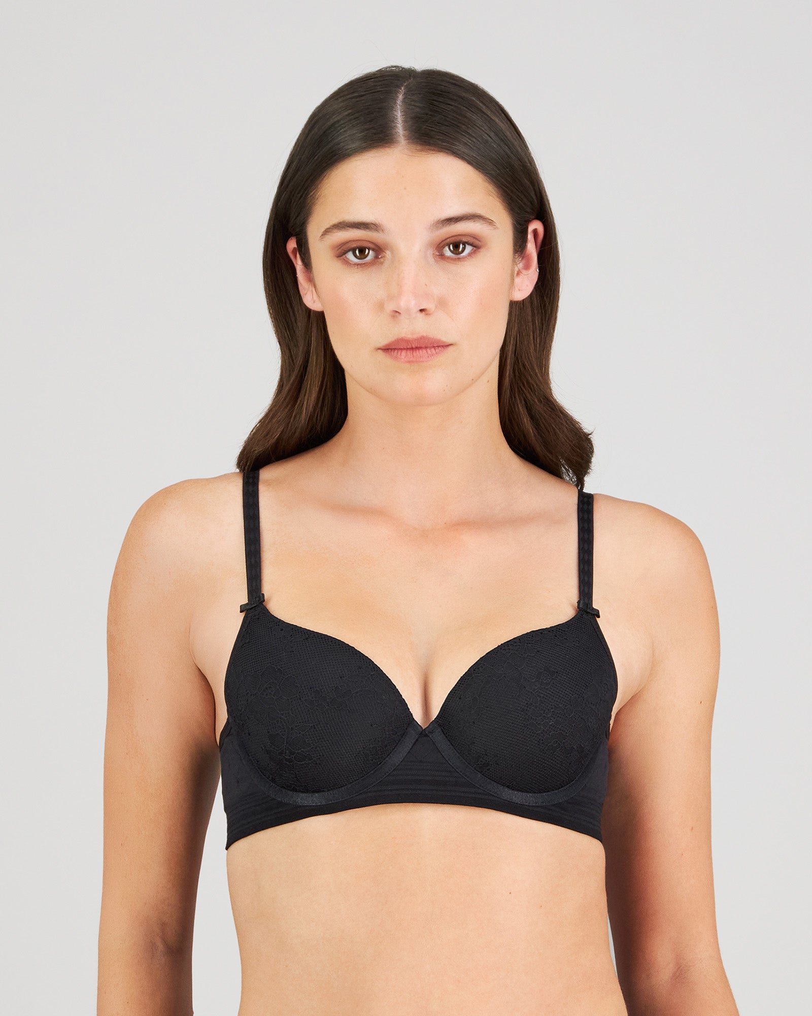 Model wears Bendon Body Lace Contour Bra in BLACK. On body front view