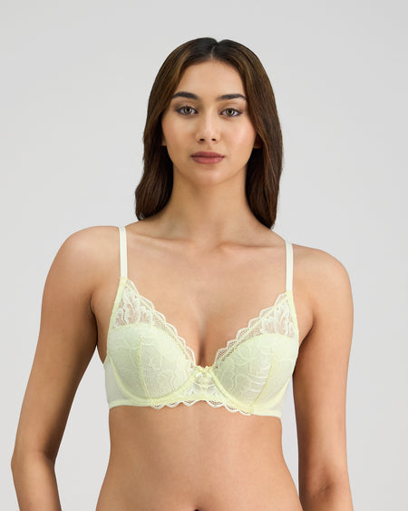 Model wears Embrace Contour Bra in TRANSPARENT YELLOW. On body front view