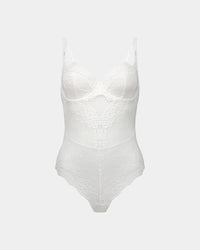 My Fit Lace Bodysuit in WHITE. Flat lay front view