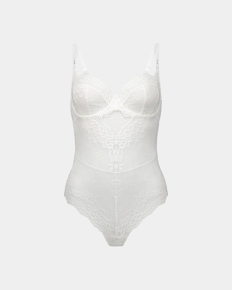 My Fit Lace Bodysuit in WHITE. Flat lay front view