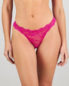 Model wears My Fit Lace Thong in FANTASY FUCHSIA. On body front view