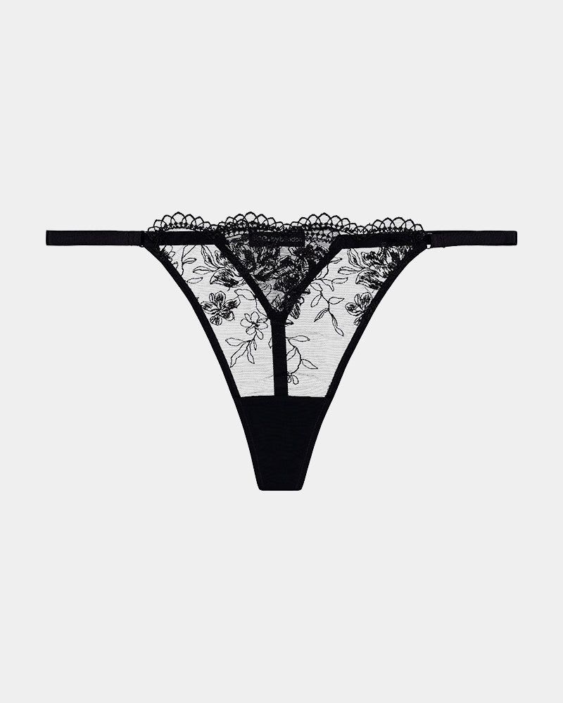 Romilly Thong in BLACK. Flat lay front view