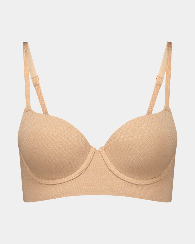 Play Contour Long Line Bra in TUSCANY. Flat lay front view