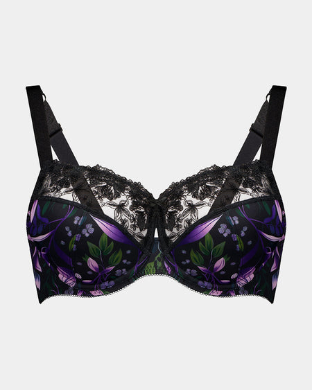 Violet Floral Underwire Bra in FAIRY TALE PRINT. Flat lay front view