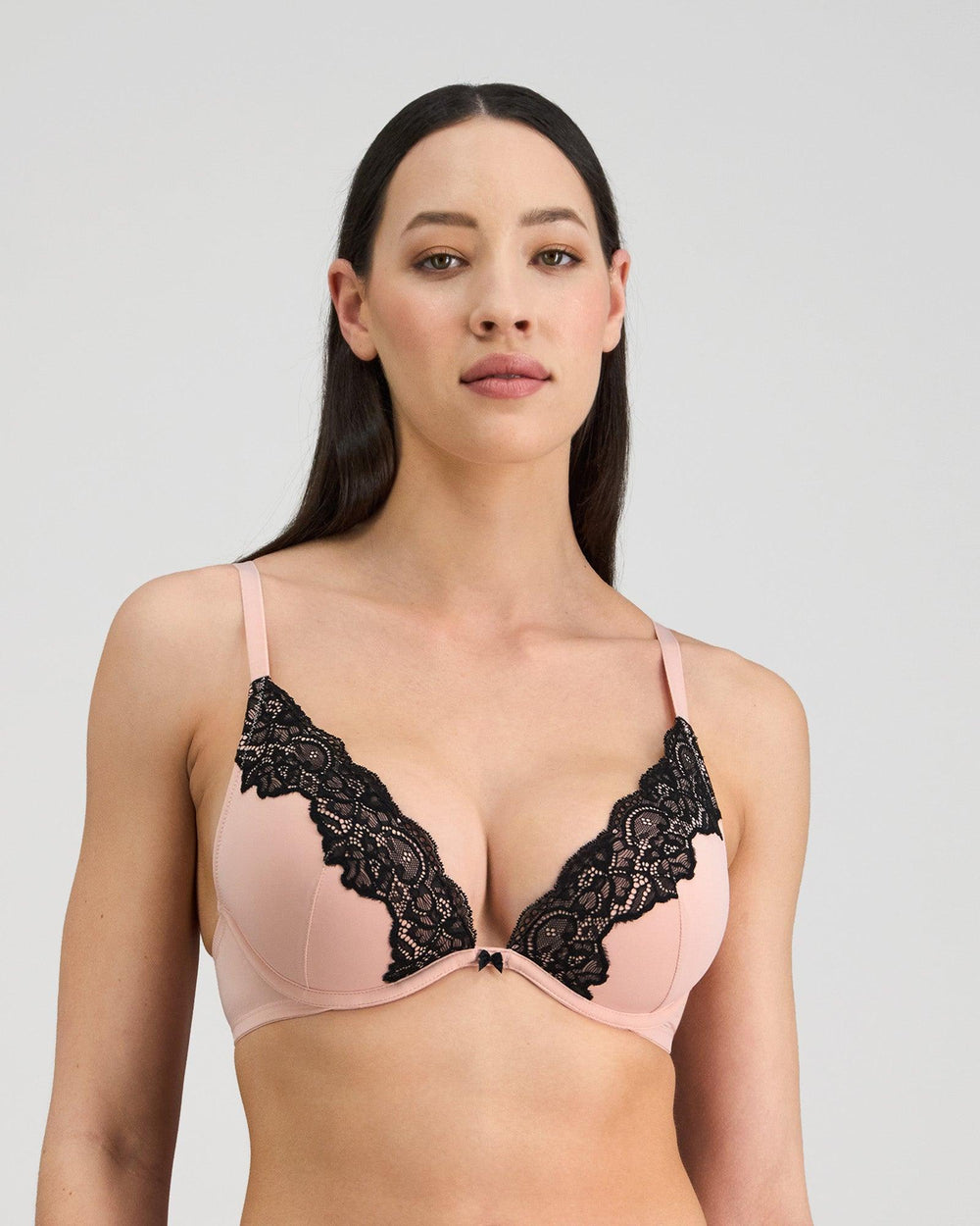 Model wears Aziza Contour Bra in SILVER PINK/BLACK. On body front view