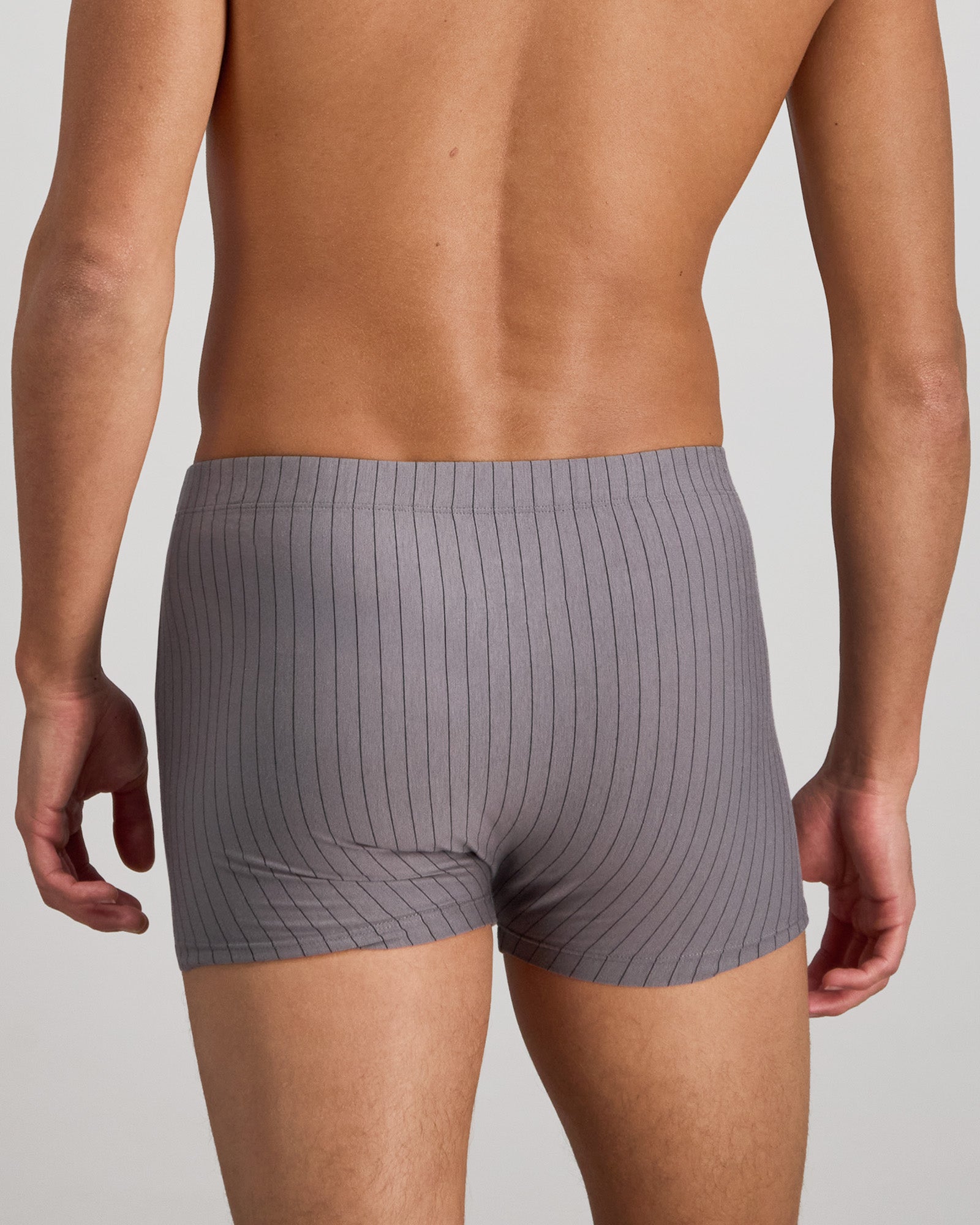 Model wears Cotton Stretch Mens Trunk in ASH PINSTRIPE. On body back view