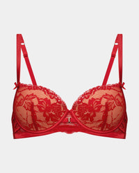 Lace Me Up Contour Bra in JESTER RED. Flat lay front view