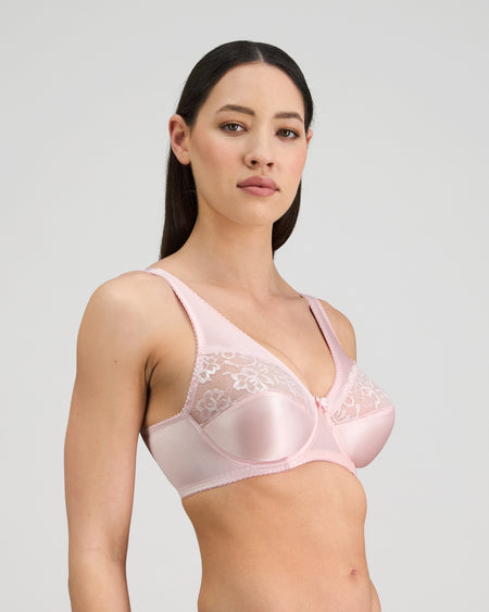 Model wears Classic Underwire Underwire Bra in PALE LILAC. On body side view