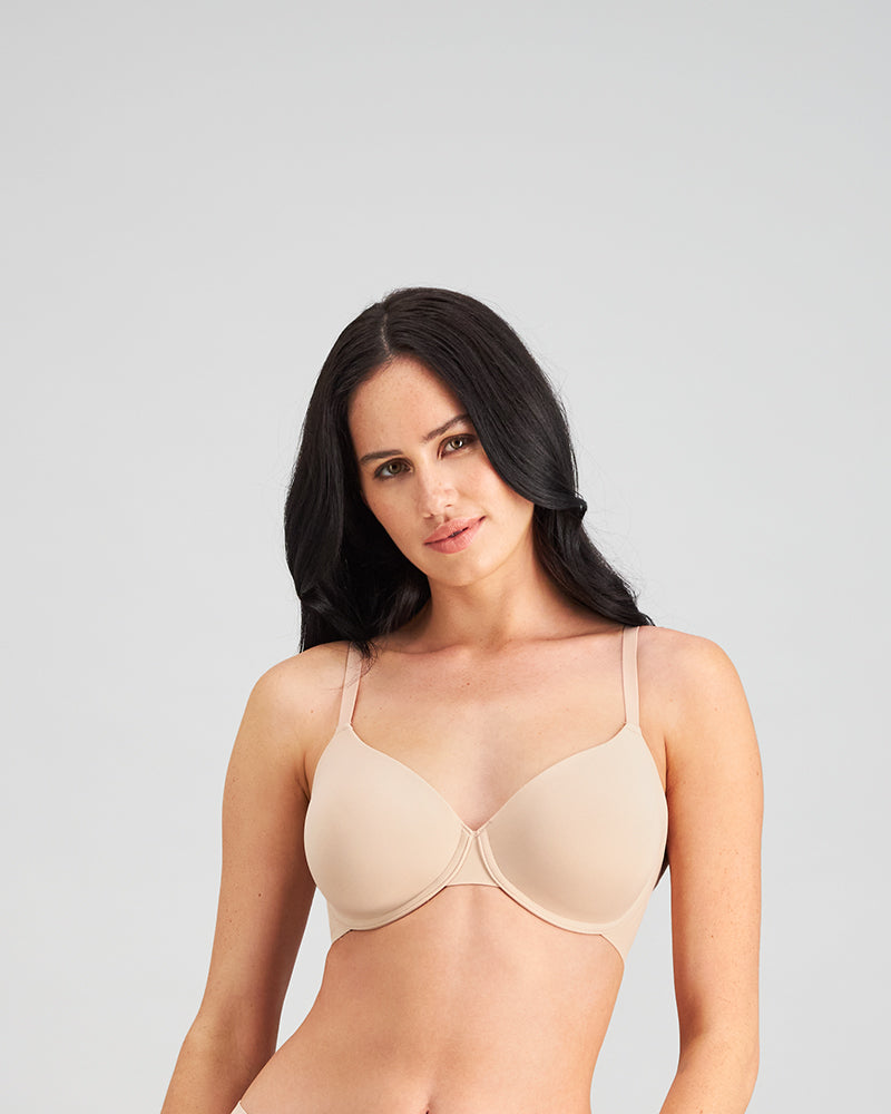 Model wears Comfit Collection Contour Bra in LATTE. On body front view