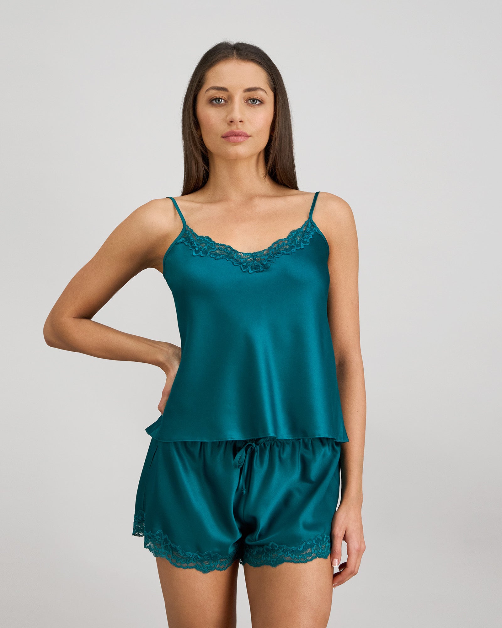 Model wears Sleigh The Night Cami & Short Set in EVERGLADE. On body front view