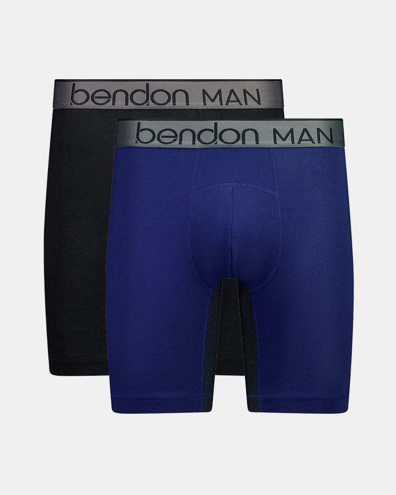Active Bamboo Mens Long Trunk Twin Pack in MED BLUE/BLACK. Flat lay front view