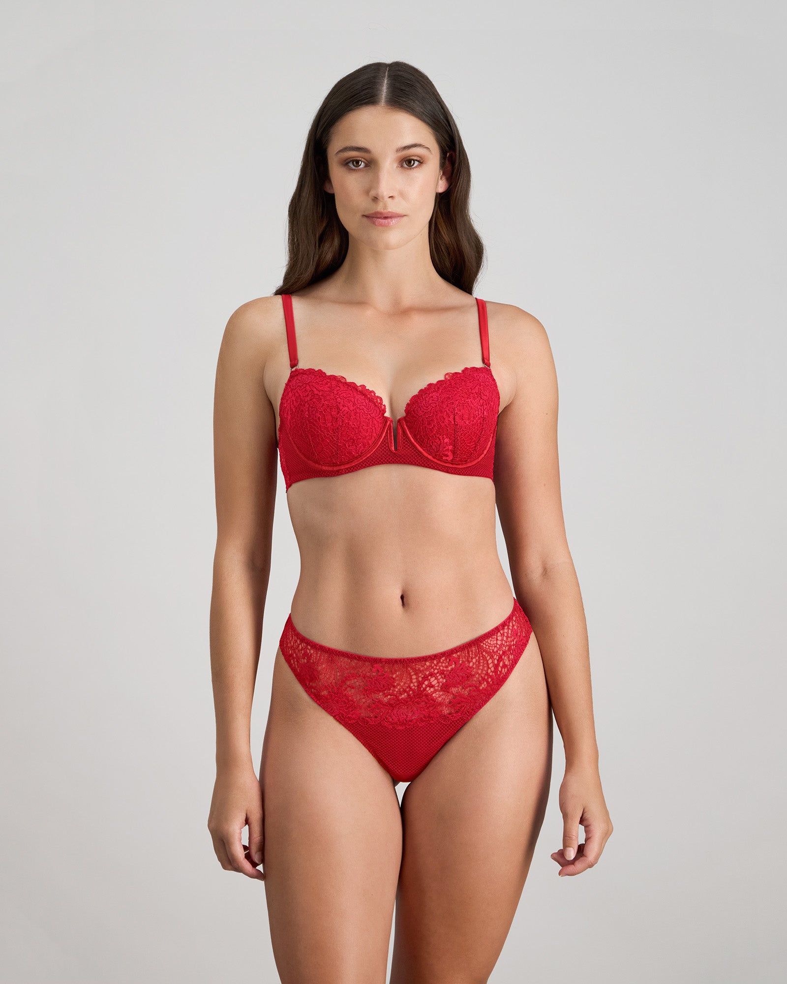 Adoration Thong in SALSA. Flat lay back view