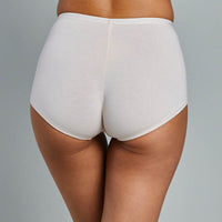 Model wears Body Cotton Full Brief Twin Pack in RHUBARB/LINEN. On body back view