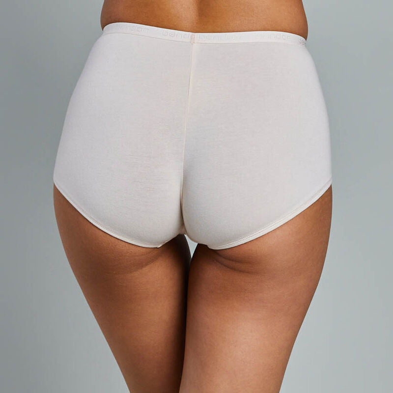 Model wears Body Cotton Full Brief Twin Pack in RHUBARB/LINEN. On body back view