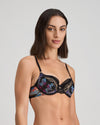 Model wears Adaline Contour Bra in BLACK FLORAL PRINT. On body side view