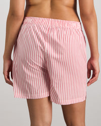 Model wears Cabana Stripe Boxer in CANDY CANE. On body back view