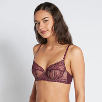 Model wears Sofia Underwire Bra in POTENT PURPLE/TUSCANY. On body side view