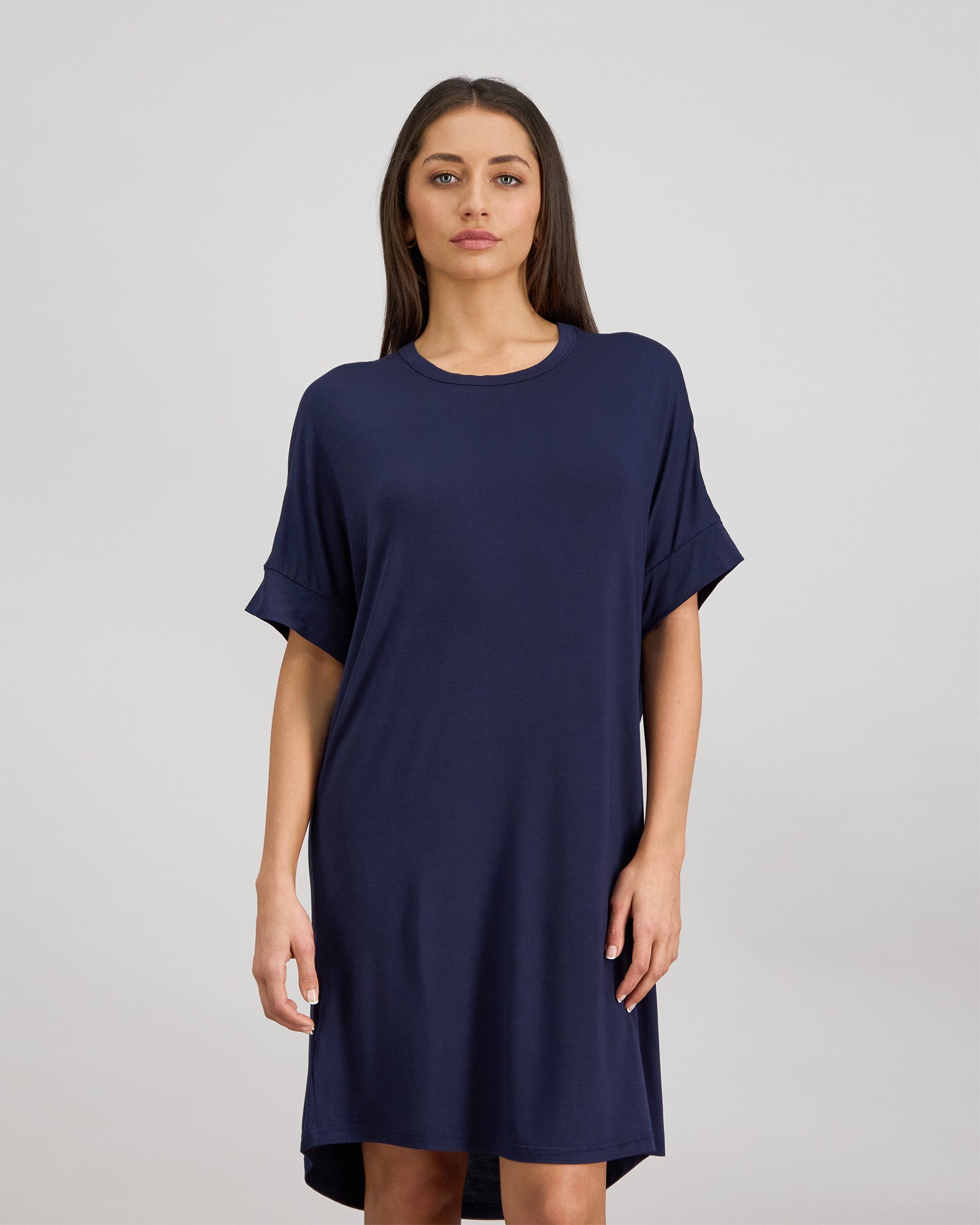 Model wears Belle Bamboo Nightie in NAVY BLAZER. On body front view