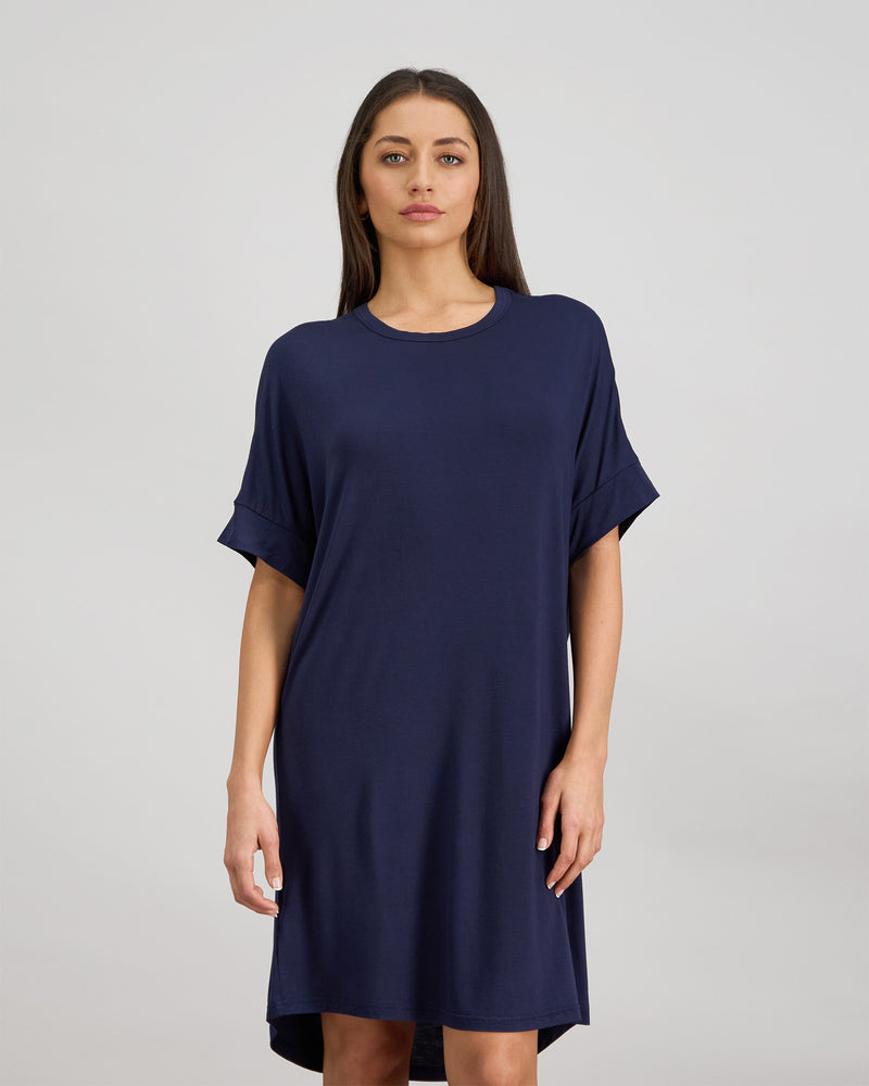 Model wears Belle Bamboo Nightie in NAVY BLAZER. On body front view