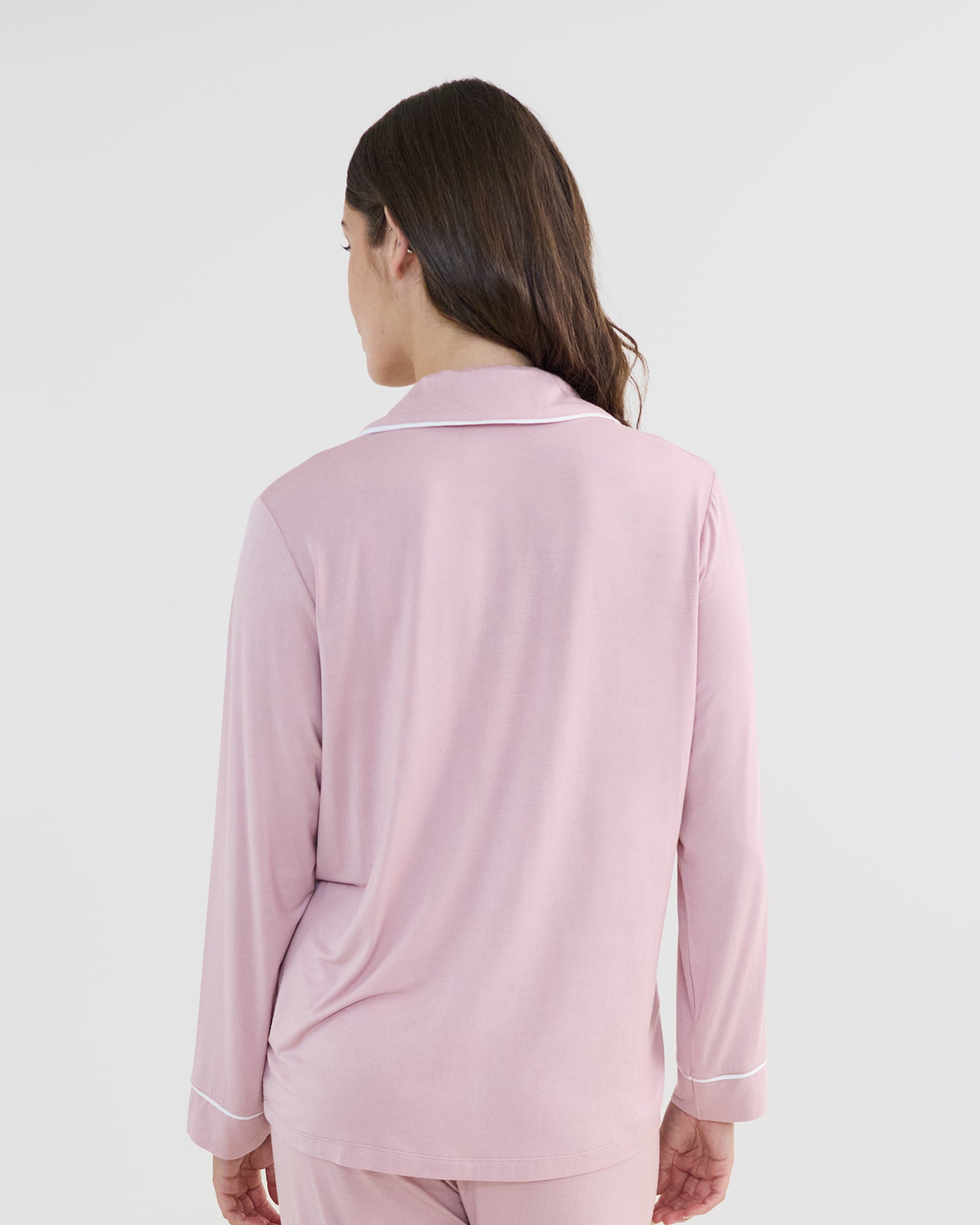 Model wears Bamboo Bliss Long Sleeve PJ Top in PALE MAUVE. On body back view