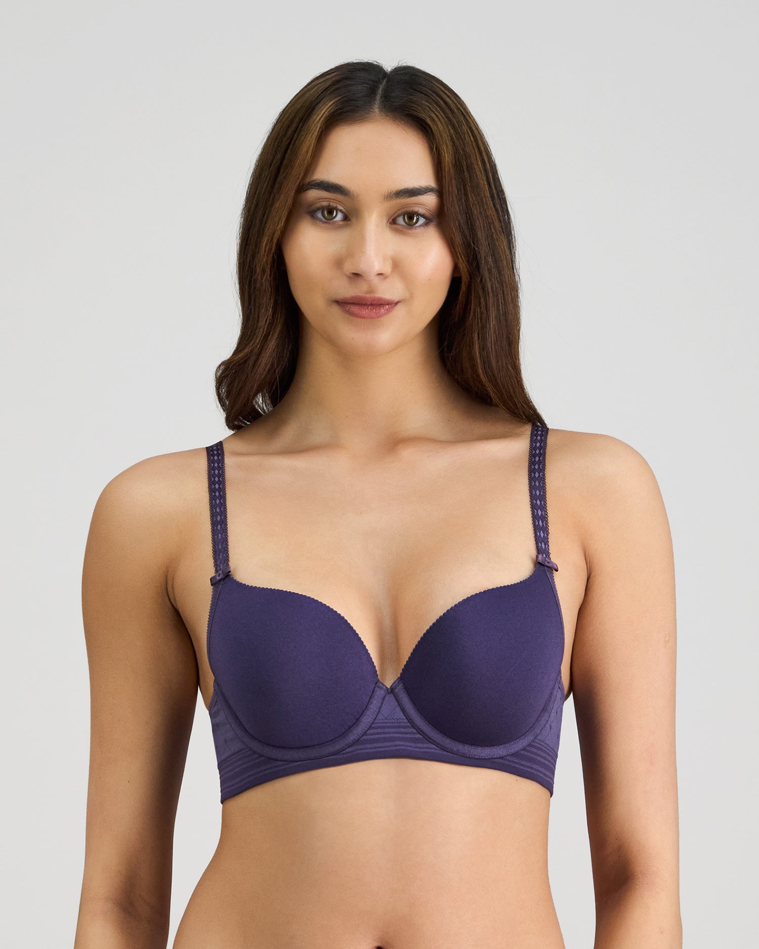Model wears Bendon Body Contour Bra in PURPLE VELVET. On body front view