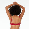 Model wears My Fit Lace Push Up Bra in JESTER RED. On body back view