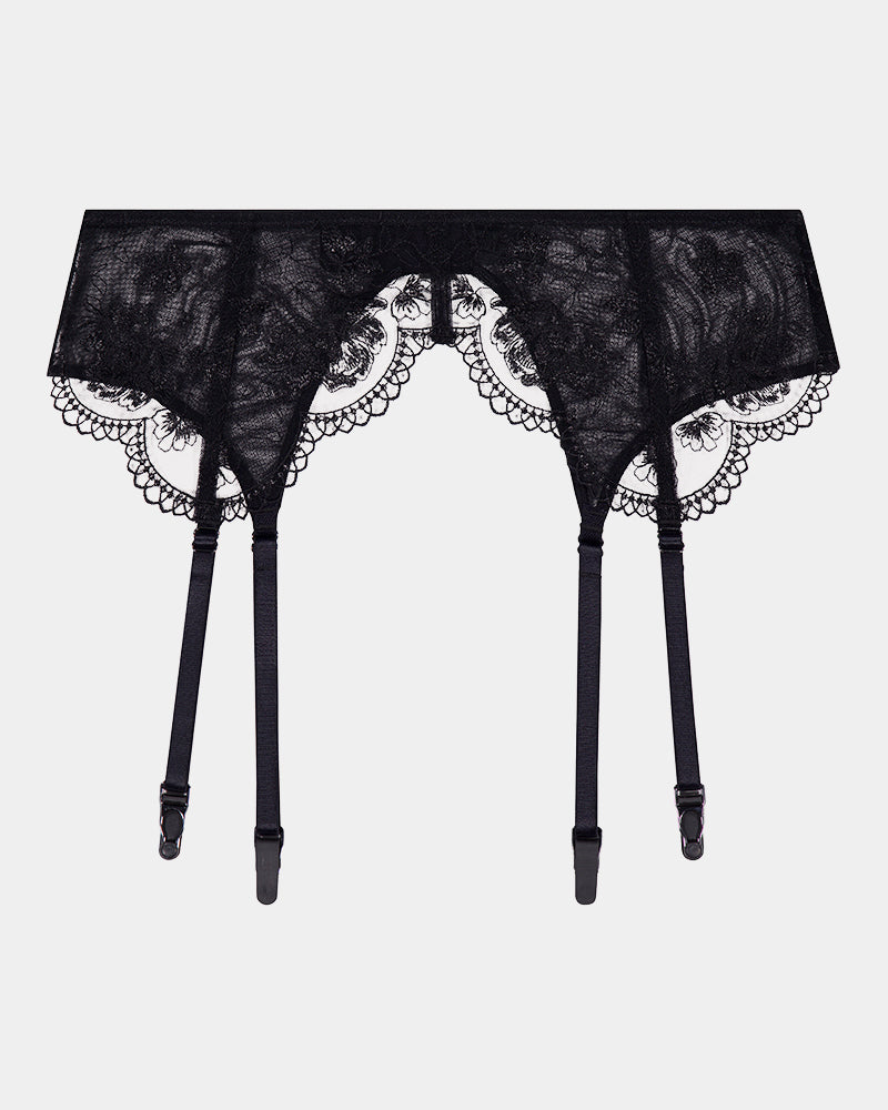 Romilly Suspender in BLACK. Flat lay front view