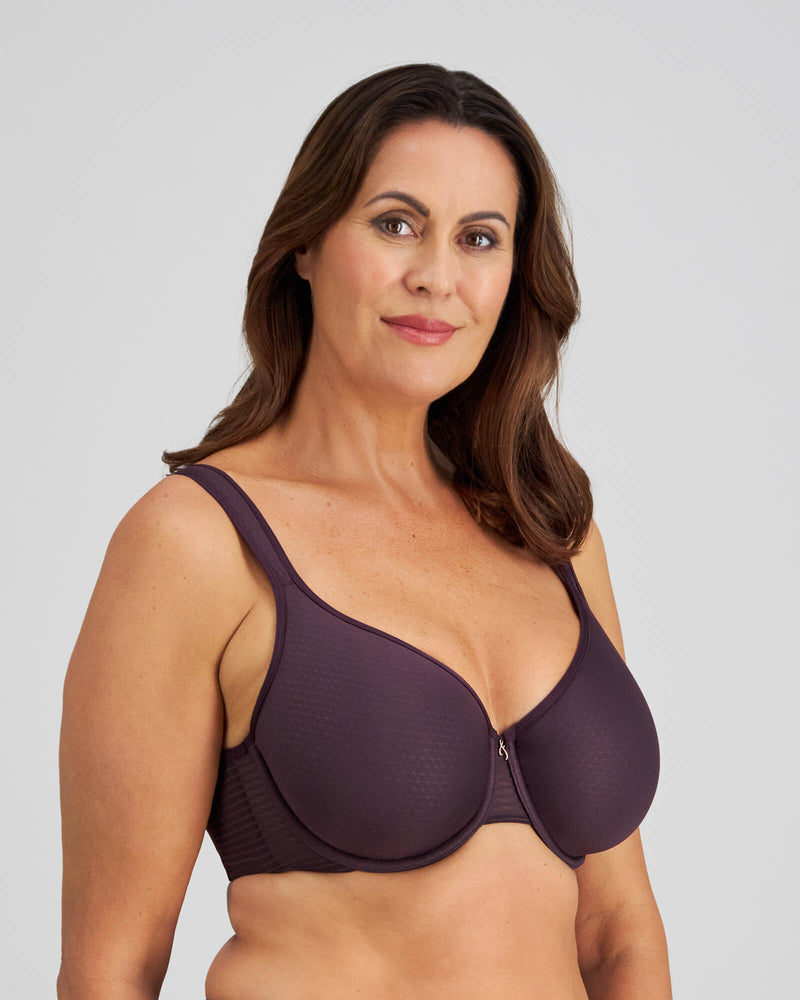 Model wears Perfect Lines Contour Bra in PLUM PERFECT. On body side view