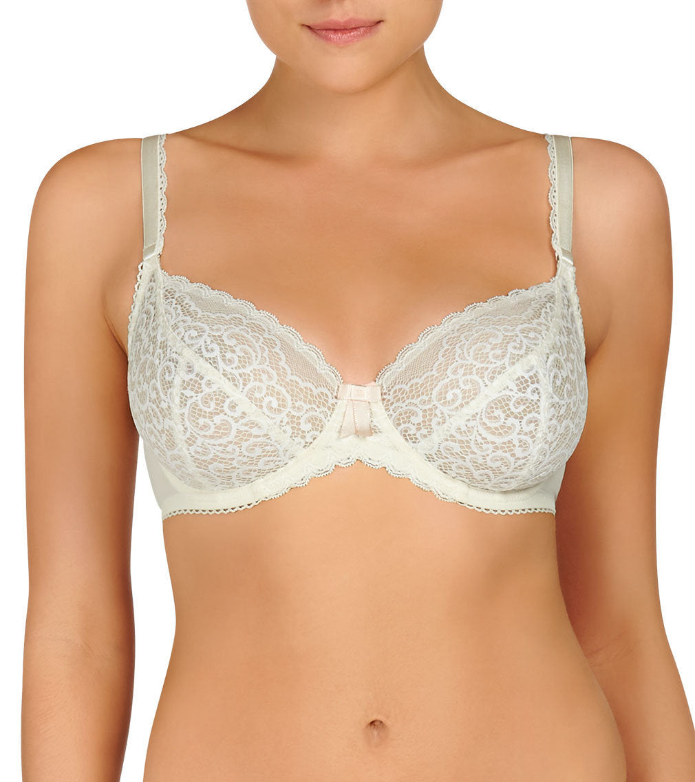 Model wears Ece Queen Underwire Bra in GARDENIA/SOFT PINK. On body front view