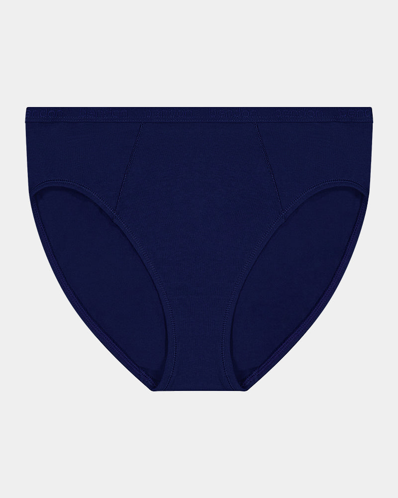Body Cotton High Cut Brief in Medieval Blue. Flat lay front view