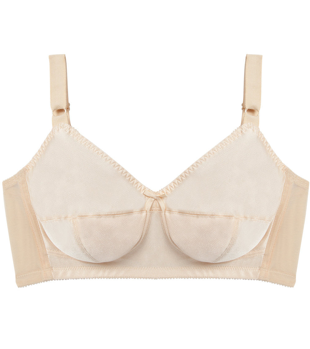 Rigid Soft Cup Wire Free Bra in HONEY BEIGE. Flat lay front view